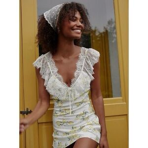 New For Love & Lemons Audrey Lace Mini Slip Dress Lemon White Yellow Small